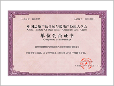 Unit Membership Certificate of China Real Estate Appraisers and Real Estate Agents Association